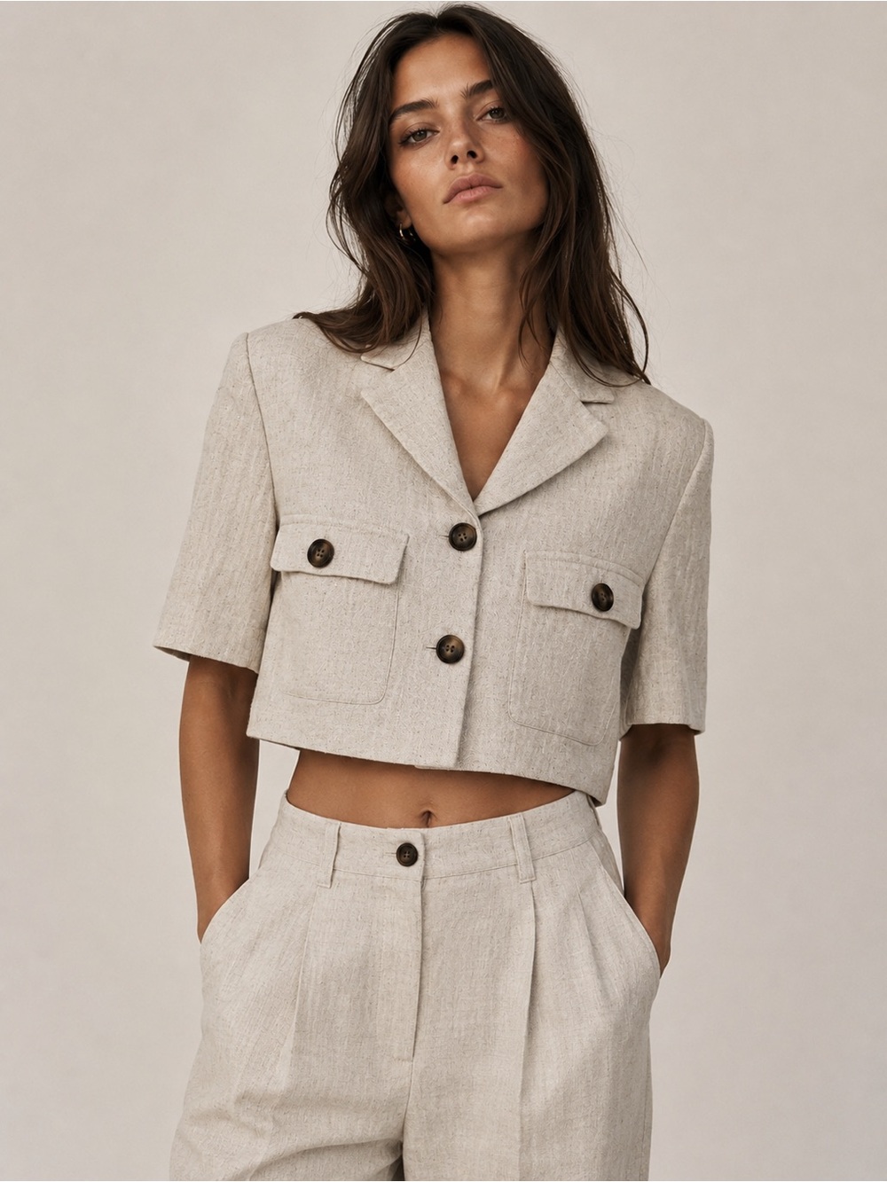Zara Cropped Utility Blazer Jacket Linen Blend Beige Size Medium